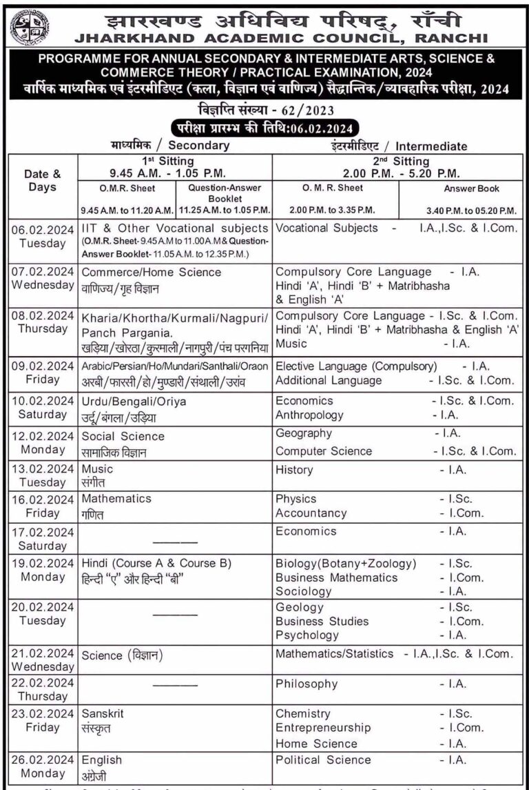 JAC Board Time Table 2024