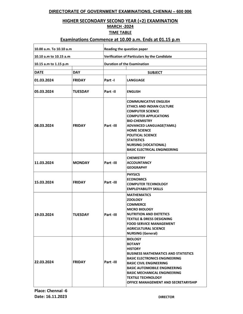 TN 12th Time Table 2024