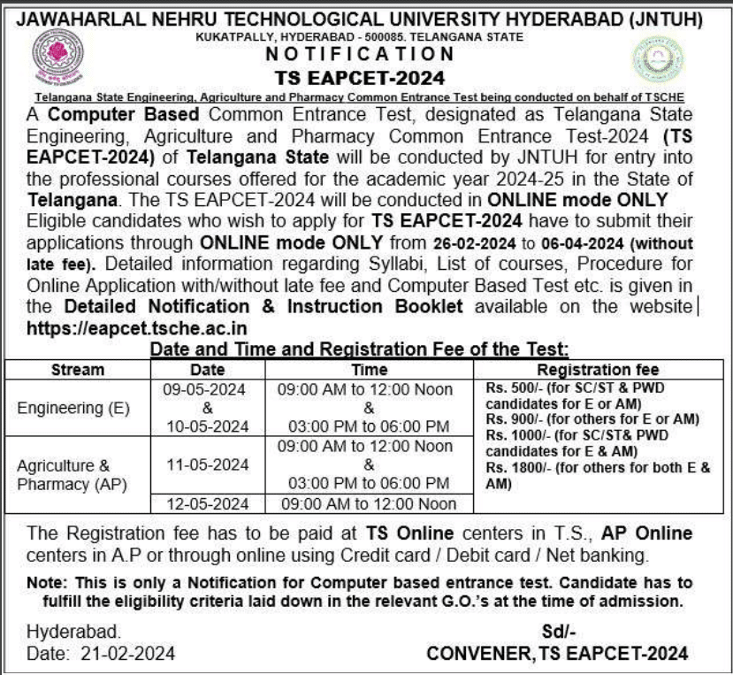 TS EAMCET 2024 Notification (TS EAPCET), Application Form, Eligibility