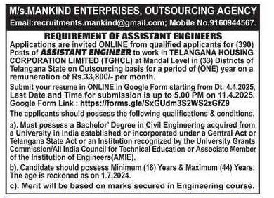 TG Housing Assistant Engineer Notification - 390 Vacancies 1 TG Housing Assistant Engineer